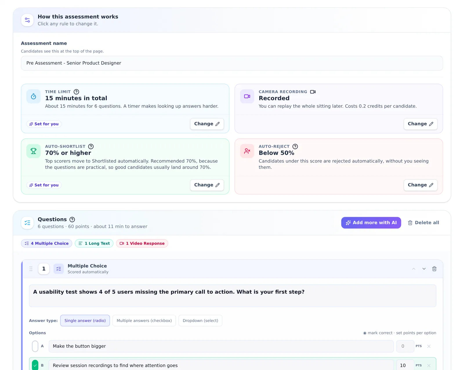 AI builds the assessment and interview: real AiHire screen